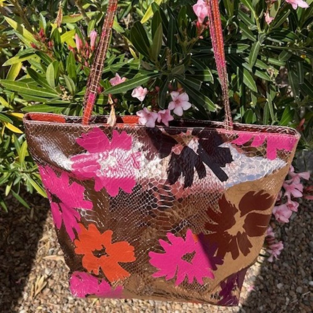 CARLOS FALCHI Gold Metallic Floral Snakeskin Print Tote BAG - Picture 3 of 12
